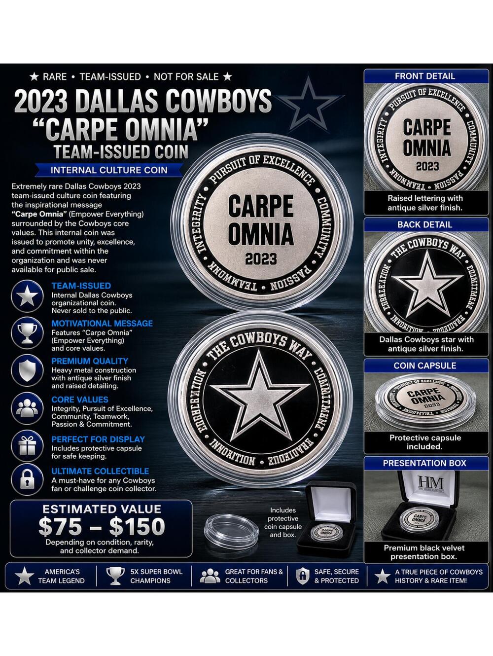Rare Dallas Cowboys 2023 “Carpe Omnia” Team-Issued Culture Coin.